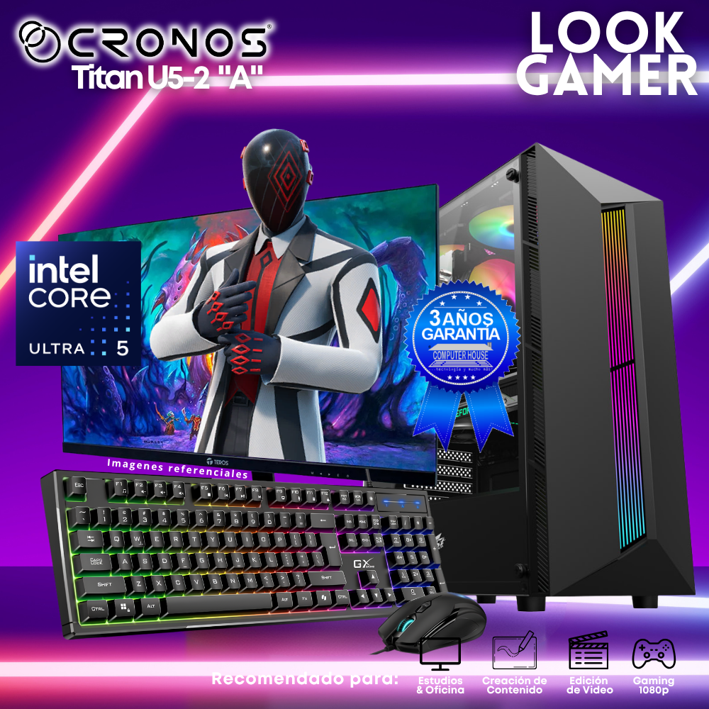 PC Look Gamer CRONOS Titan U5-2 "A", RAM 8GB DDR5, SSD 500GB, Monitor 24″ FHD.
