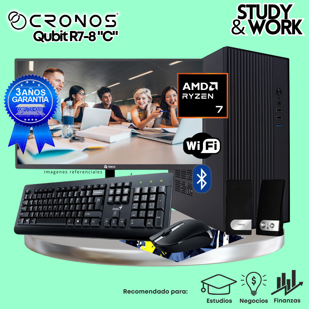PC CRONOS Qubit R7-8 "C", RAM 16GB DDR5, SSD 500GB, Monitor 24″ FHD, Wi-Fi, Kit Teclado + Mouse, Parlantes o Audífono.