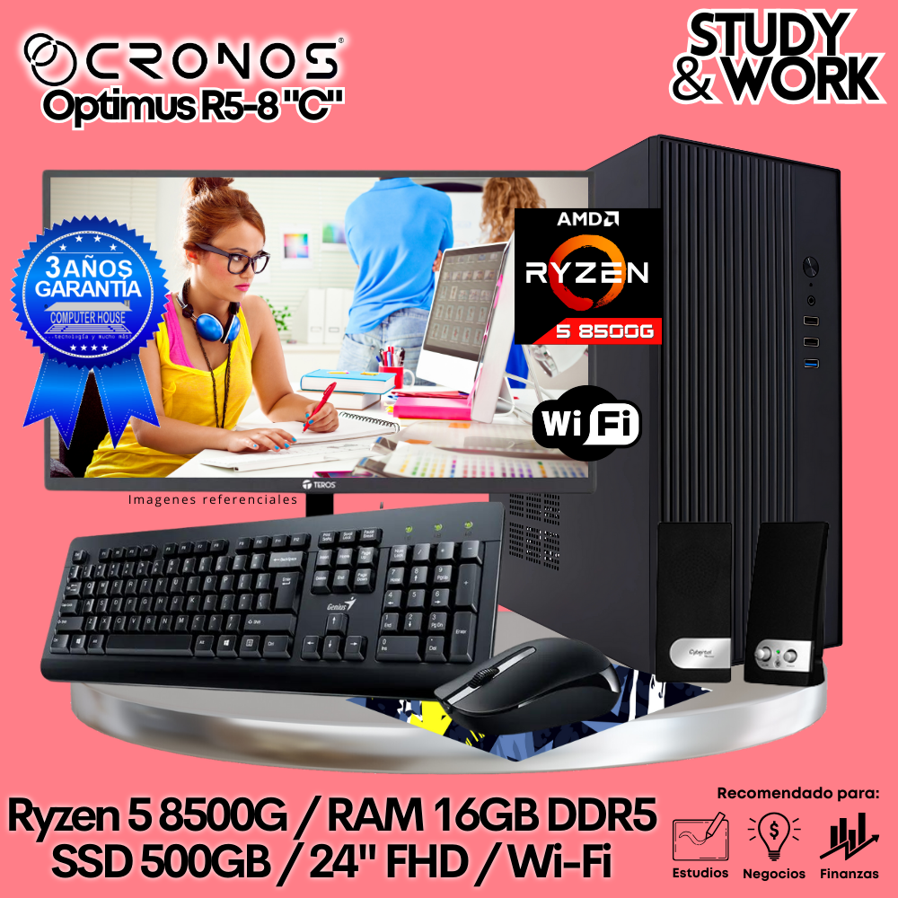 PC CRONOS Optimus R5-8 "C", 16GB DDR5 RAM, 500GB SSD, 24″ FHD Monitor, Wi-Fi, Keyboard + Mouse Kit, Speakers or Headphones.