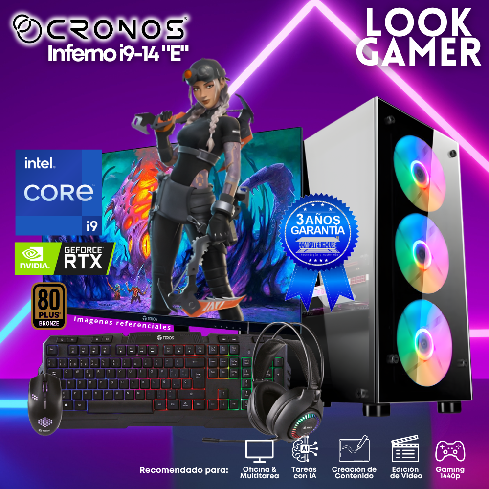 PC Look Gamer CRONOS Inferno i9-14 "E", RAM 16GB DDR5, SSD 1TB, Nvidia GeForce RTX5050 8GB, Monitor 27″ FHD.