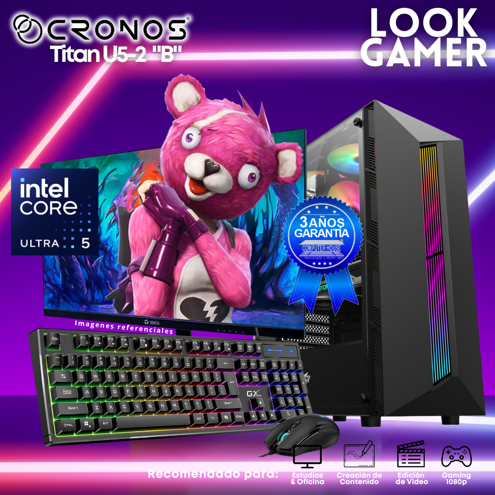 PC Look Gamer CRONOS Titan U5-2 "B", RAM 16GB DDR5, SSD 500GB, Monitor 24″ FHD.