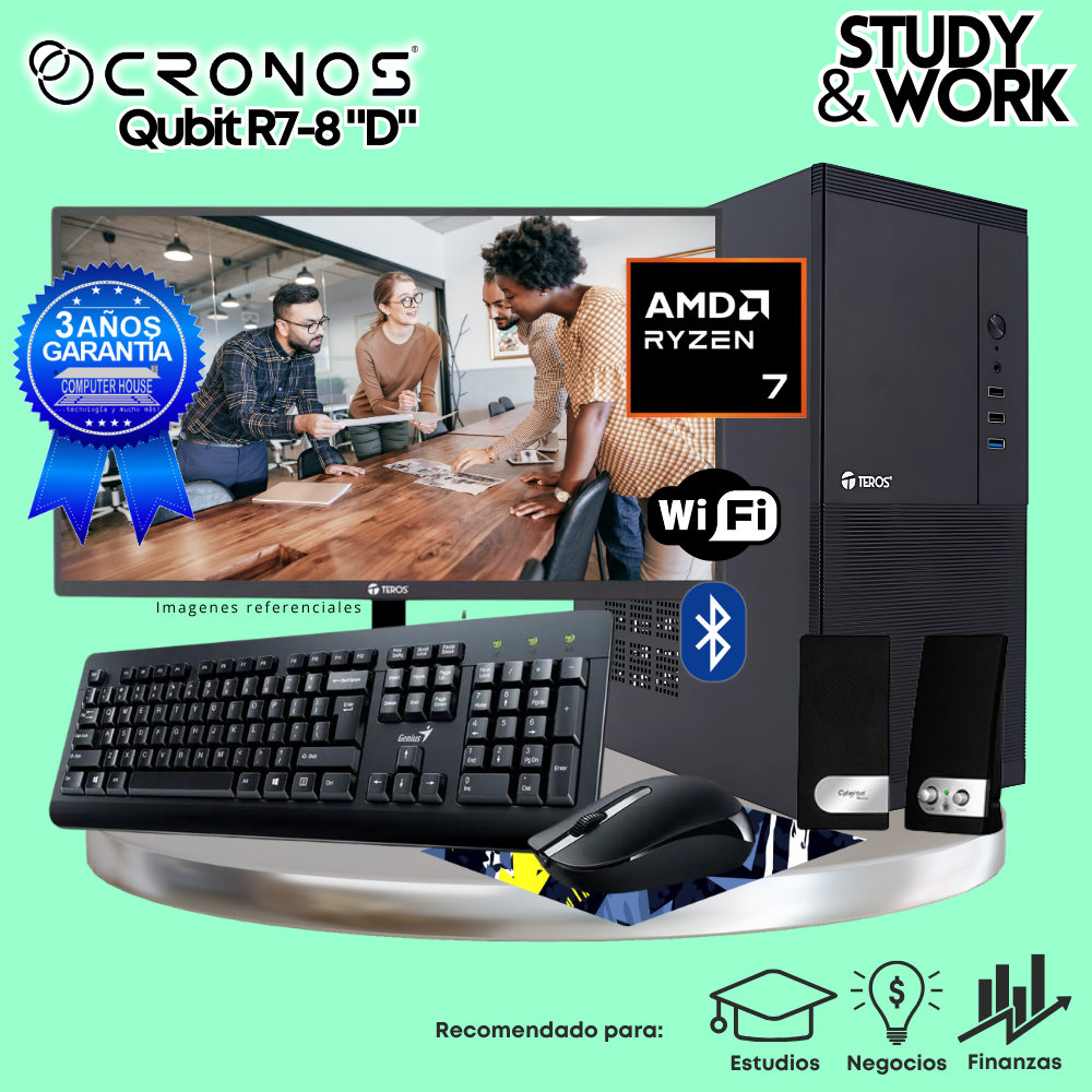 PC CRONOS Qubit R7-8 "D", RAM 16GB DDR5, SSD 1TB, Monitor 27″ FHD, Wi-Fi & Bluetooth, Kit Teclado + Mouse, Parlantes o Audífono.