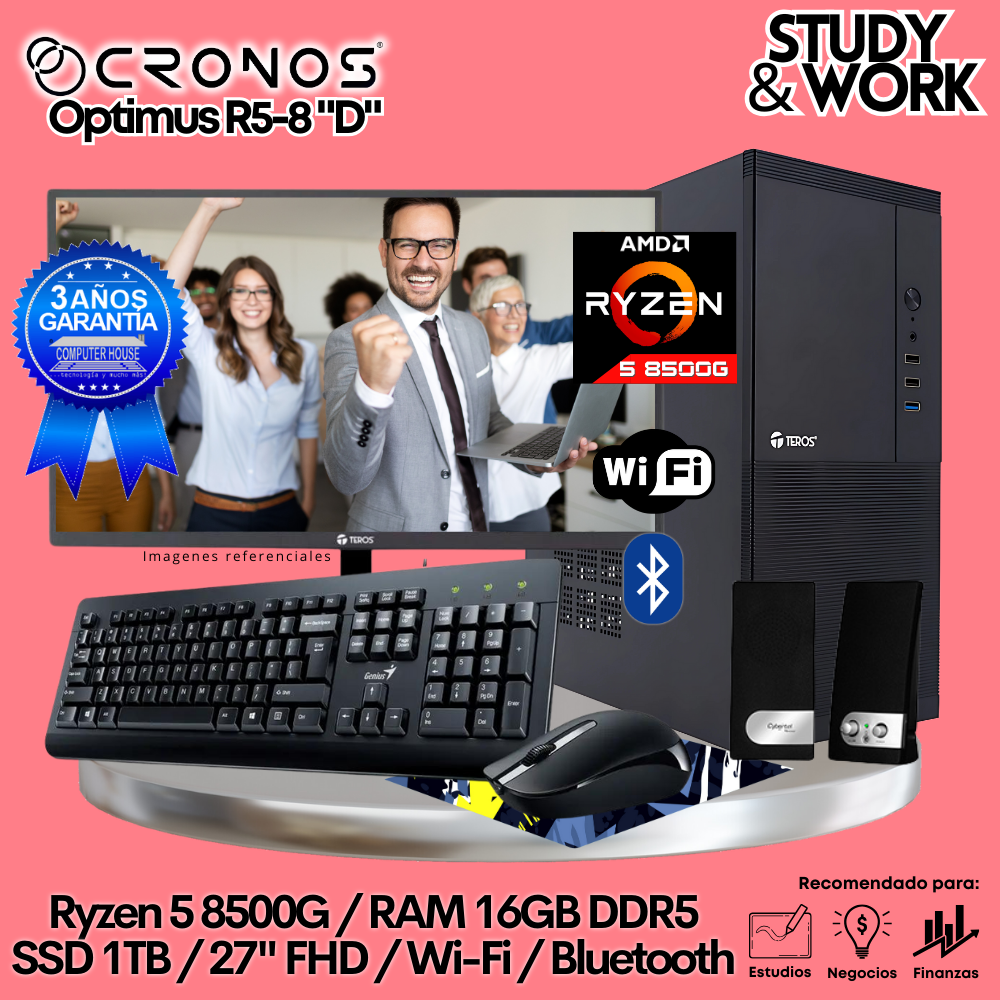 PC CRONOS Optimus R5-8 "D", 16GB DDR5 RAM, 1TB SSD, 27″ FHD Monitor, Wi-Fi &amp; Bluetooth, Keyboard + Mouse Kit, Speakers or Headphones.