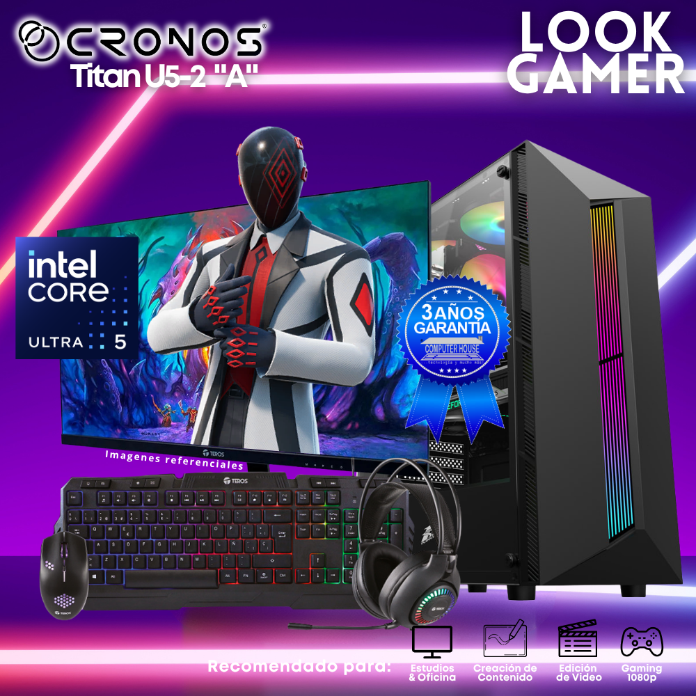 PC Look Gamer CRONOS Titan U5-2 "A", RAM 8GB DDR5, SSD 500GB, Monitor 24″ FHD.