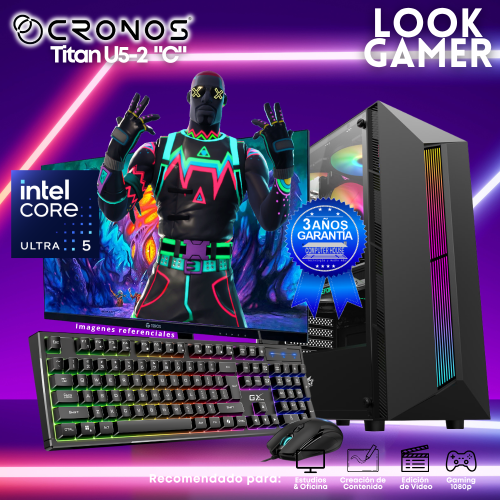 PC Look Gamer CRONOS Titan U5-2 "C", RAM 16GB DDR5, SSD 1TB, Monitor 27″ FHD.