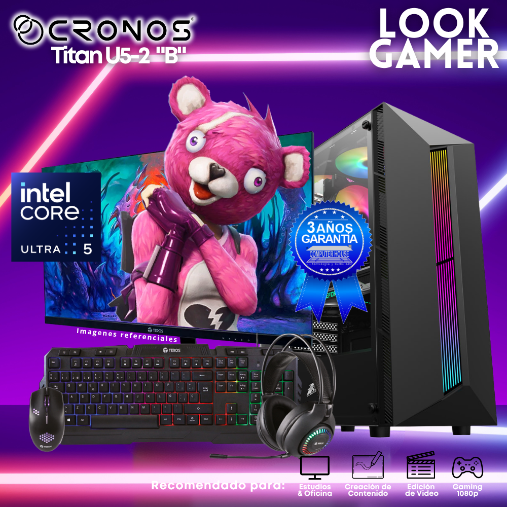 PC Look Gamer CRONOS Titan U5-2 "B", RAM 16GB DDR5, SSD 500GB, Monitor 24″ FHD.