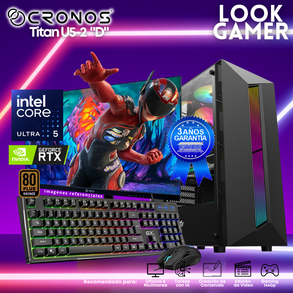 PC Look Gamer CRONOS Titan U5-2 "D", RAM 16GB DDR5, SSD 500GB, Nvidia GeForce RTX3050 6GB, Monitor 27″ FHD.
