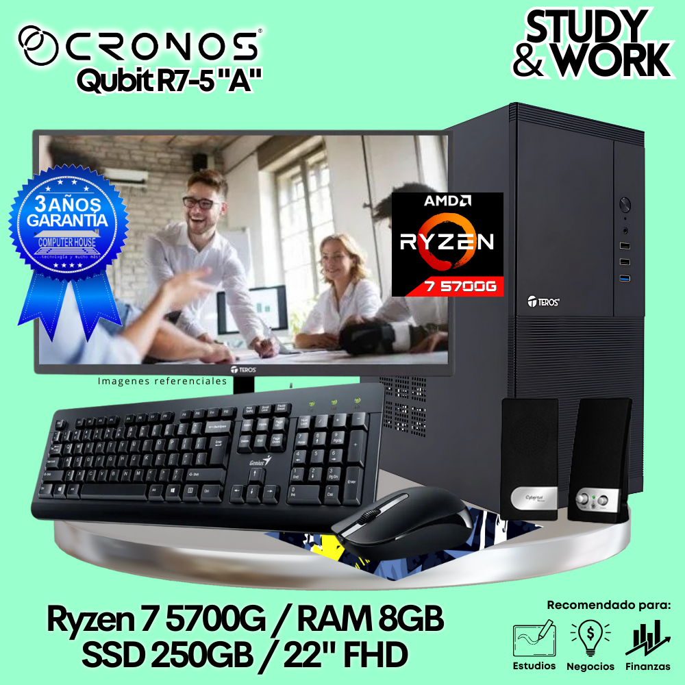 PC CRONOS Qubit R7-5 "A", RAM 8GB, SSD 250GB, Monitor 22″ FHD, Kit Teclado + Mouse, Parlantes o Audífono.