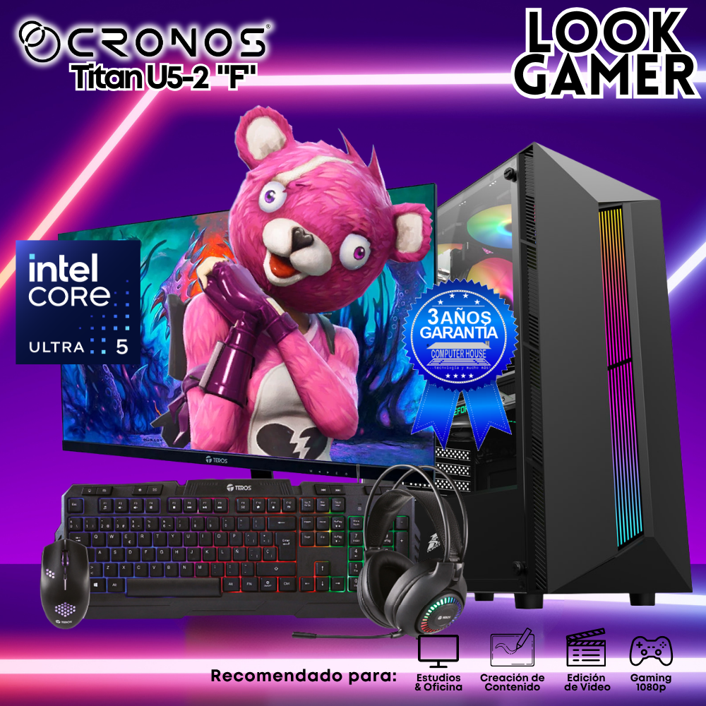 PC Look Gamer CRONOS Titan U5-2 "F", RAM 16GB DDR5, SSD 500GB, Monitor 24″ FHD.