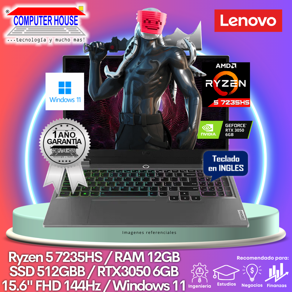 Laptop LENOVO LOQ, Ryzen 5-7235HS, RAM 12GB DDR5, SSD 512GB, Video RTX3050 6GB, 15.6