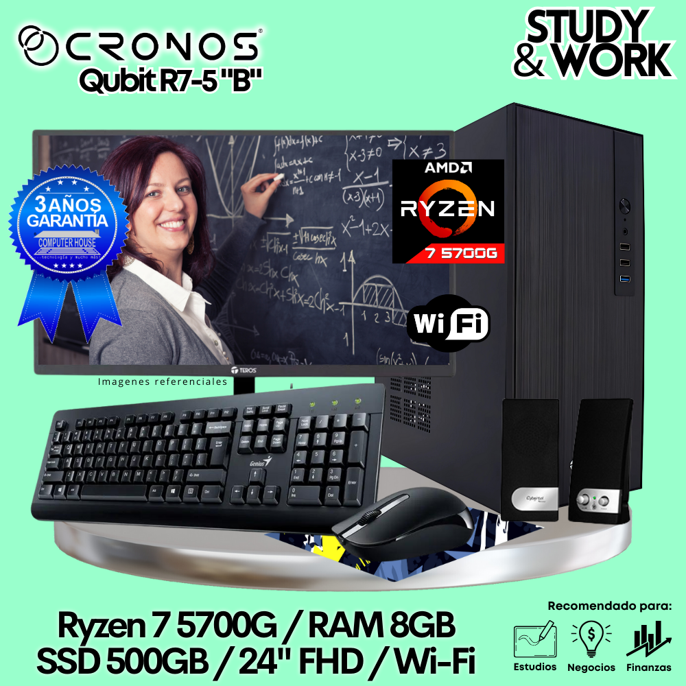 PC CRONOS Qubit R7-5 "B", 8GB RAM, 500GB SSD, 24″ FHD Monitor, Wi-Fi, Keyboard + Mouse Kit, Speakers or Headphones.