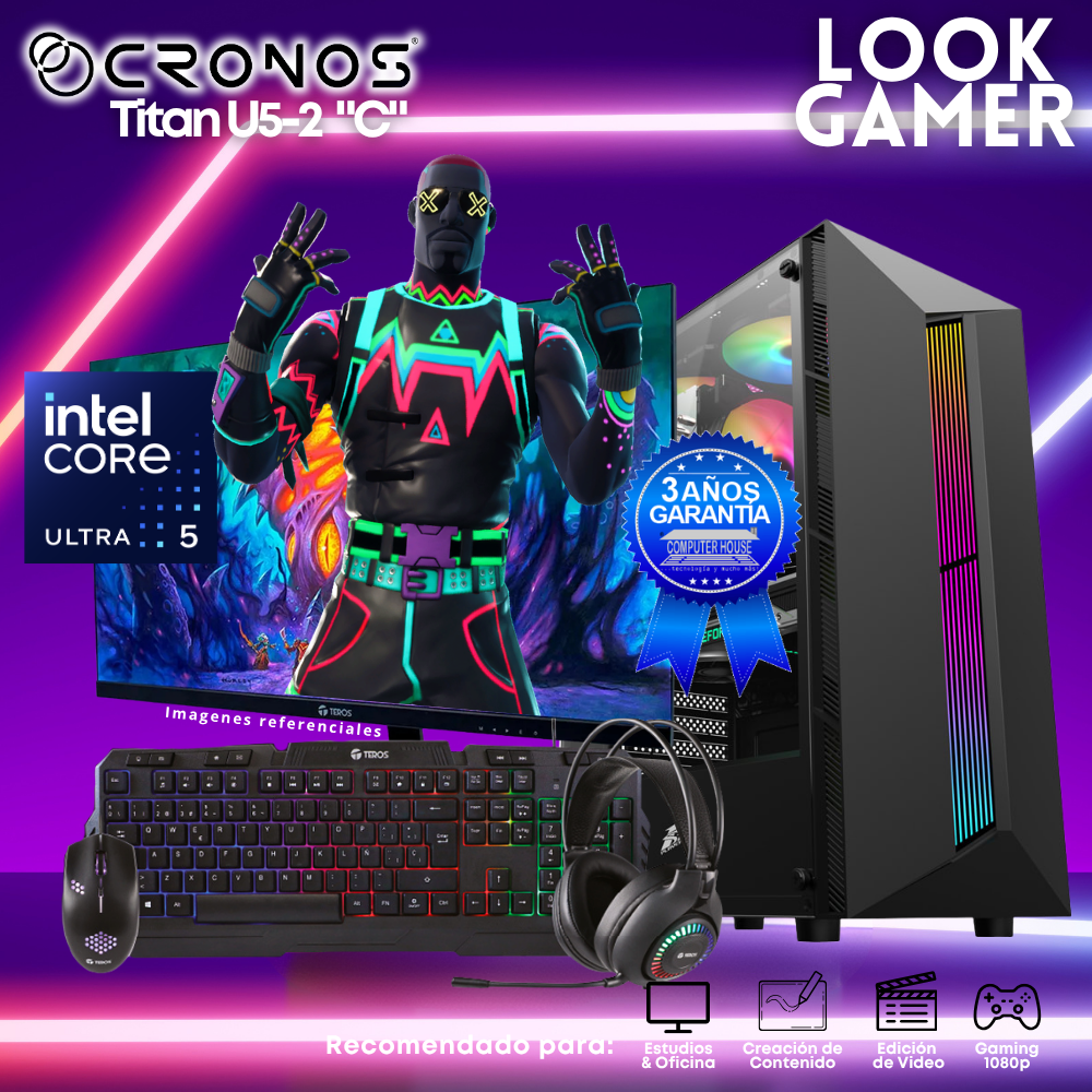 PC Look Gamer CRONOS Titan U5-2 "C", RAM 16GB DDR5, SSD 1TB, Monitor 27″ FHD.