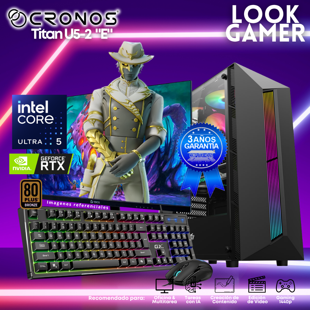 PC Look Gamer CRONOS Titan U5-2 "E", RAM 16GB DDR5, SSD 1TB, Nvidia GeForce RTX5050 8GB, Monitor 27″ FHD.