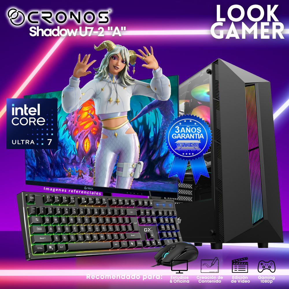 PC Look Gamer CRONOS Shadow U7-2 "A", RAM 8GB DDR5, SSD 500GB, Monitor 24″ FHD.