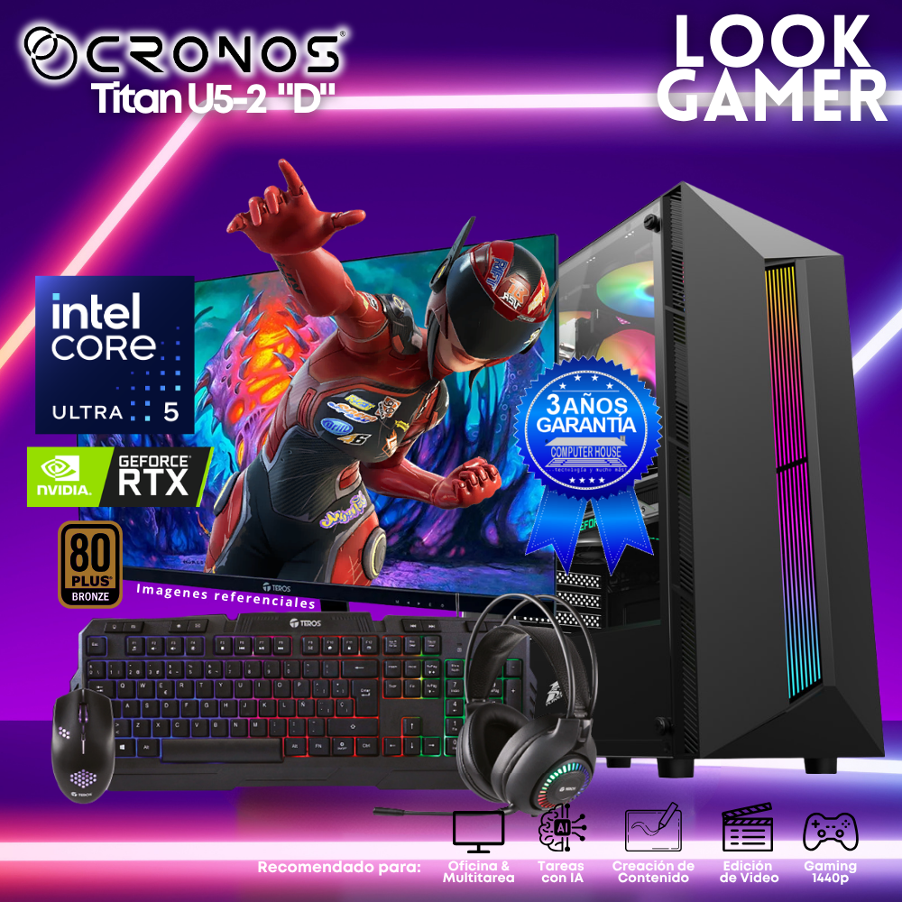 PC Look Gamer CRONOS Titan U5-2 "D", RAM 16GB DDR5, SSD 500GB, Nvidia GeForce RTX3050 6GB, Monitor 27″ FHD.