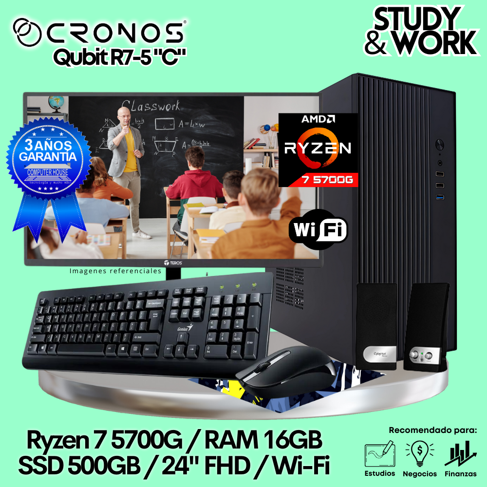 PC CRONOS Qubit R7-5 "C", 16GB RAM, 500GB SSD, 24″ FHD Monitor, Wi-Fi, Keyboard + Mouse Kit, Speakers or Headphones.