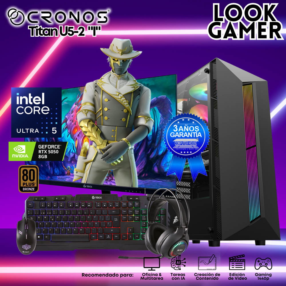 PC Look Gamer CRONOS Titan U5-2 "I", RAM 16GB DDR5, SSD 1TB, RTX5050 8GB, Monitor 27″ FHD.