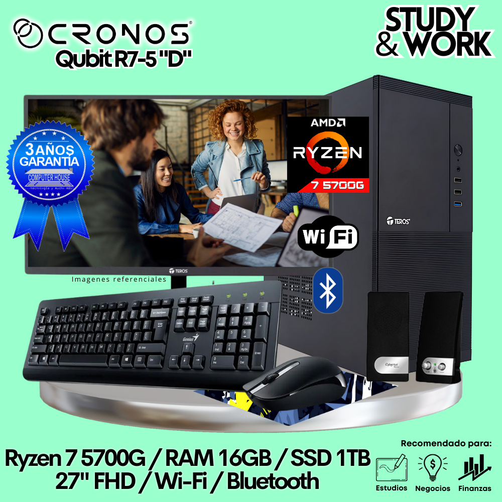 PC CRONOS Qubit R7-5 "D", 16GB RAM, 1TB SSD, 27″ FHD Monitor, Wi-Fi &amp; Bluetooth, Keyboard + Mouse Kit, Speakers or Headphones.