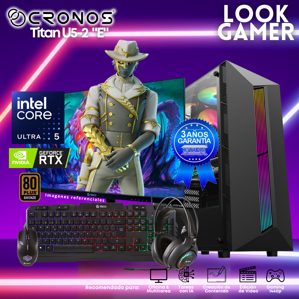 PC Look Gamer CRONOS Titan U5-2 "E", RAM 16GB DDR5, SSD 1TB, Nvidia GeForce RTX5050 8GB, Monitor 27″ FHD.