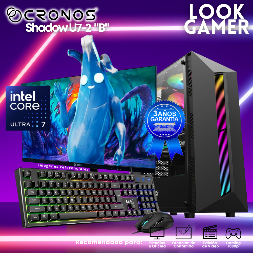 PC Look Gamer CRONOS Shadow U7-2 "B", RAM 16GB DDR5, SSD 500GB, Monitor 24″ FHD.