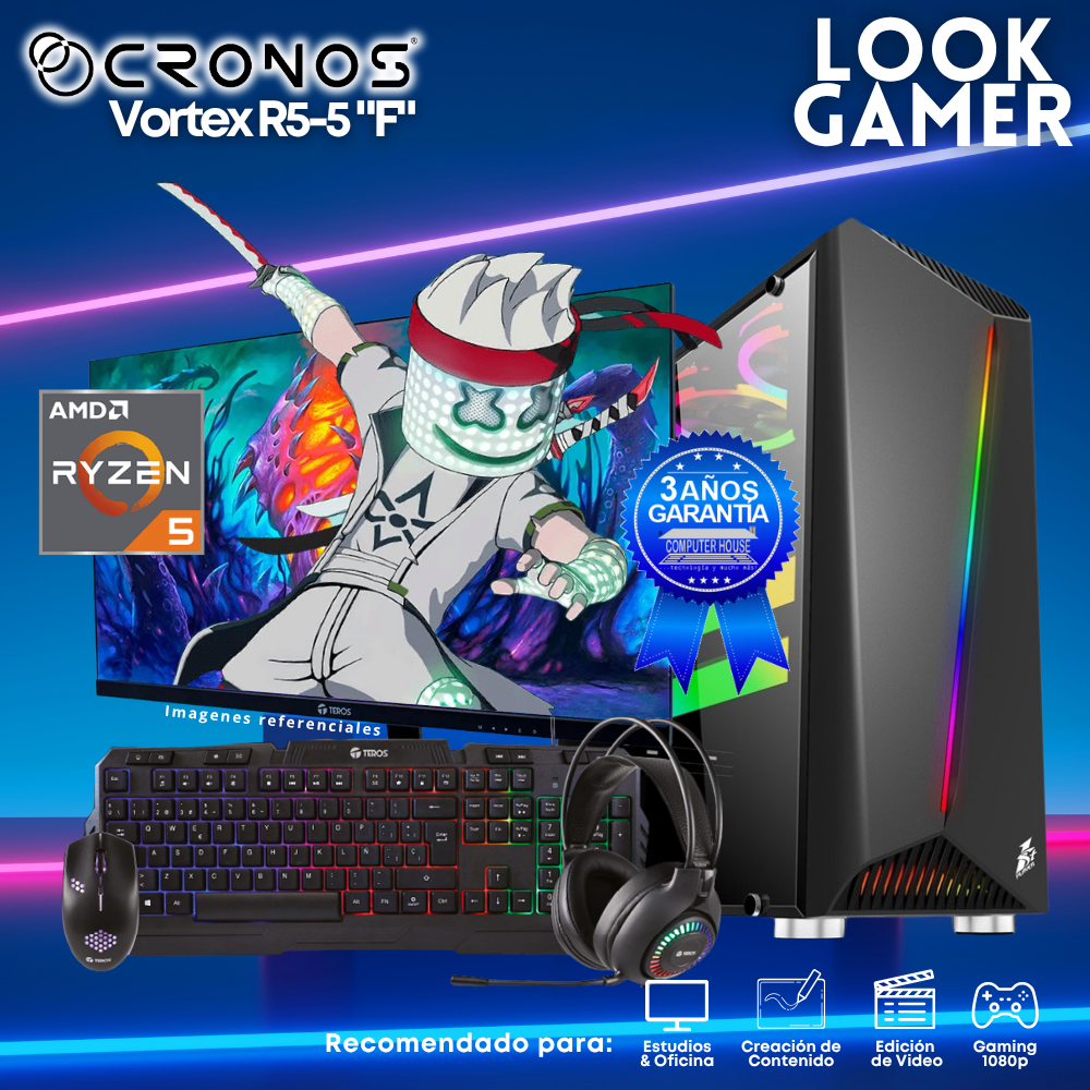 PC Look Gamer CRONOS Vortex R5-5 "F", RAM 16GB, SSD 500GB, Monitor 24″ FHD.