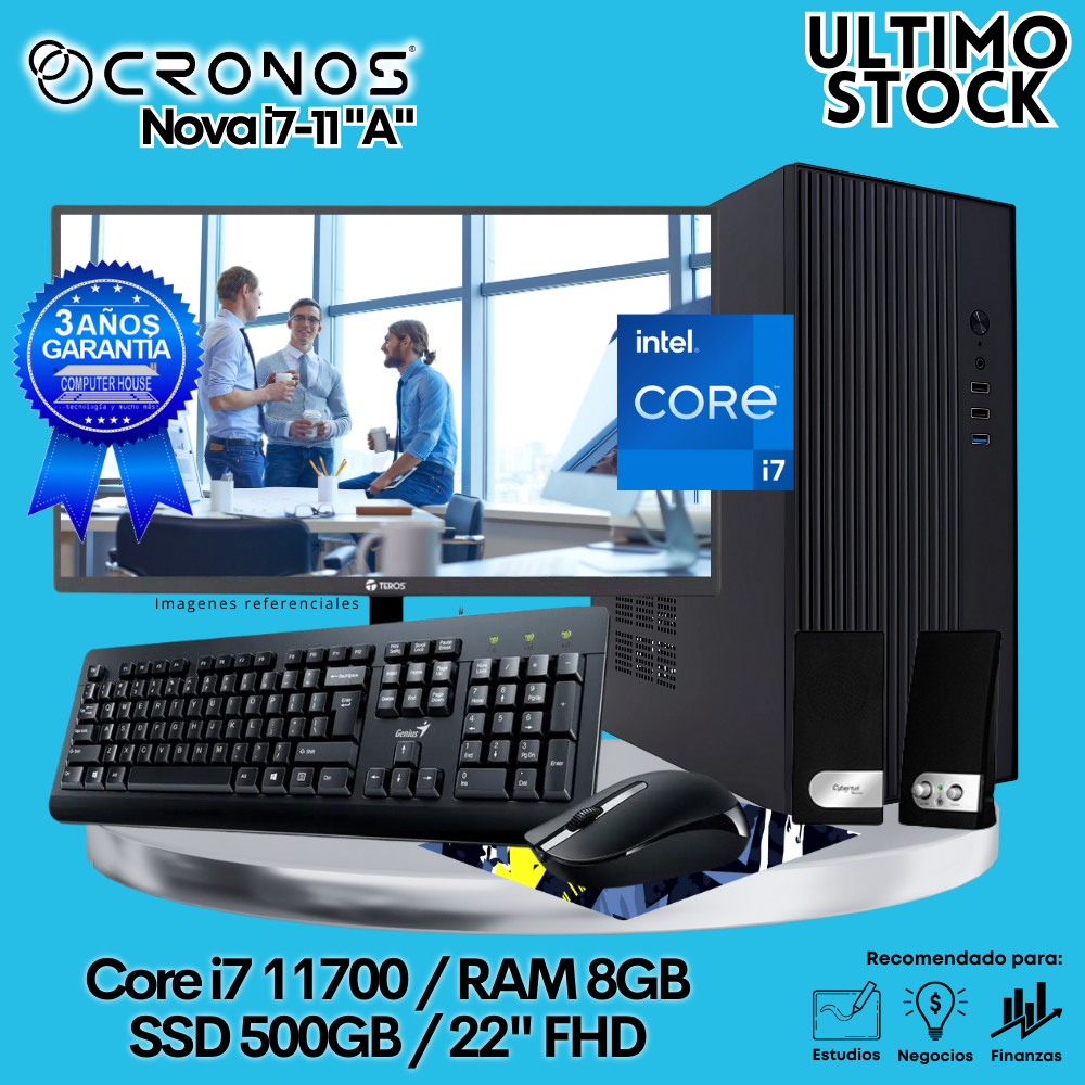 Ultimo Stock: PC CRONOS Nova i7-11 "A", RAM 8GB, SSD 500GB, Monitor 22″ FHD, Kit Teclado + Mouse, Parlantes o Audífono.