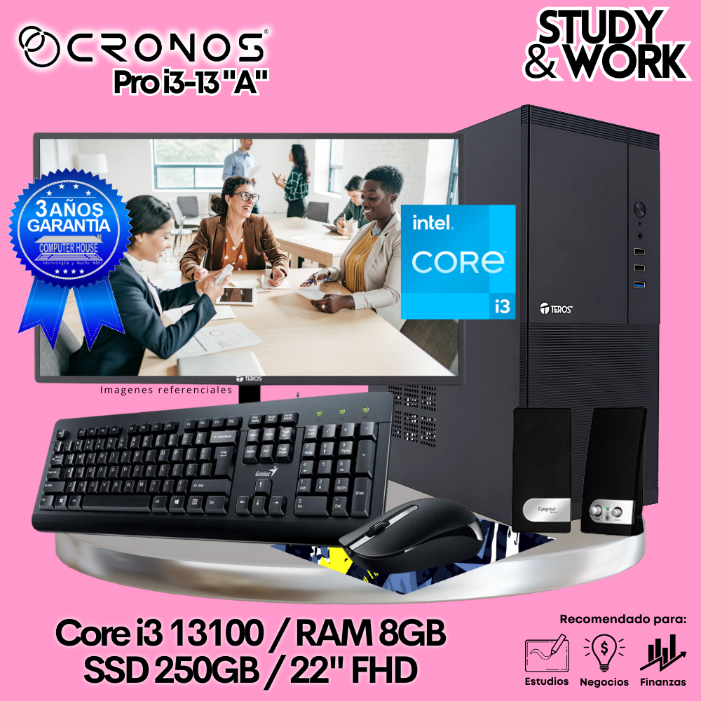 PC CRONOS Pro i3-13 "A", RAM 8GB, SSD 250GB, Monitor 22″ FHD, Kit Teclado + Mouse, Parlantes o Audífono.