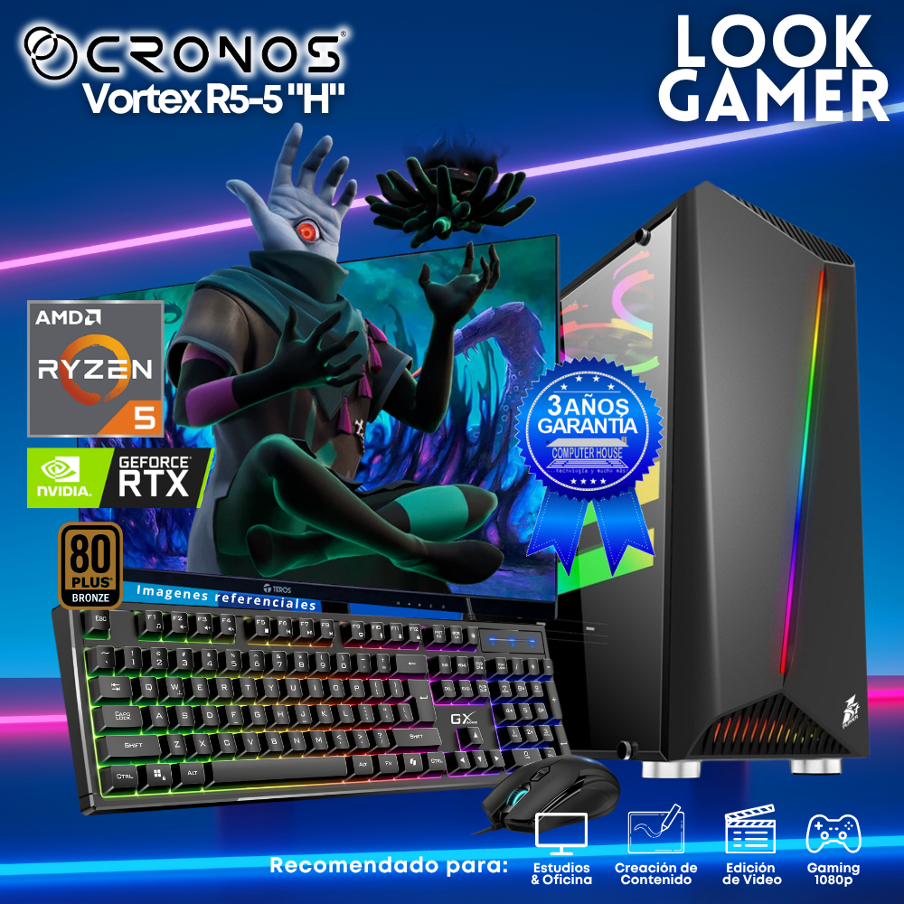 PC Look Gamer CRONOS Vortex R5-5 "H", RAM 16GB, SSD 500GB, Nvidia GeForce RTX3050 6GB, Monitor 27″ FHD.