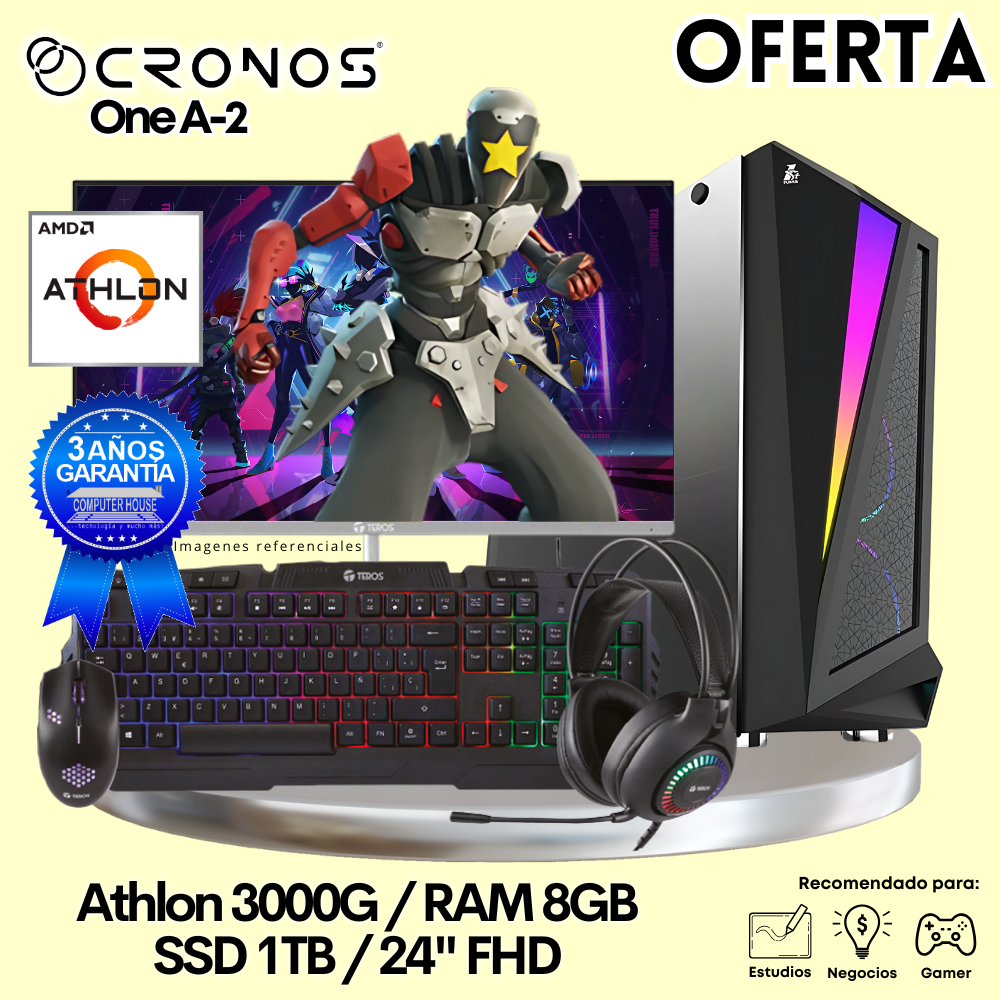 OFERTA: PC Look Gamer CRONOS One A-2, RAM 8GB, SSD 1TB, Monitor 24″ FHD.