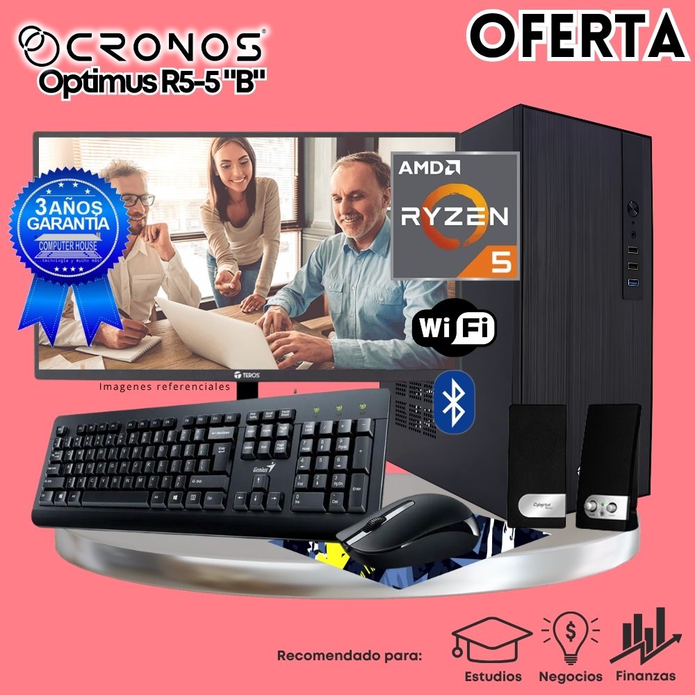 OFERTA: PC CRONOS Optimus R5-5 "B", RAM 16GB, SSD 500GB, Monitor 24″ FHD, Wi-Fi & Bluetooth, Kit Teclado + Mouse, Parlantes.