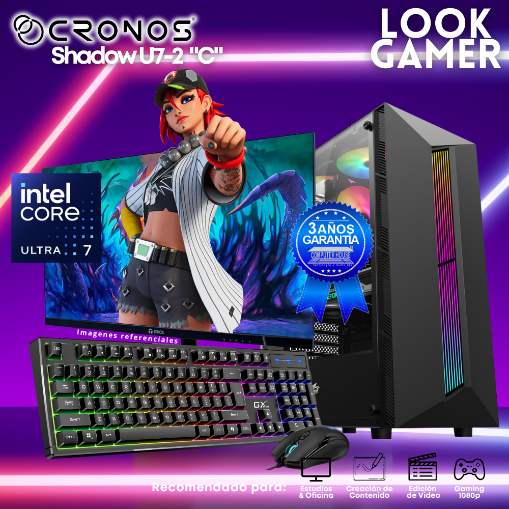 PC Look Gamer CRONOS Shadow U7-2 "C", RAM 16GB DDR5, SSD 1TB, Monitor 27″ FHD.