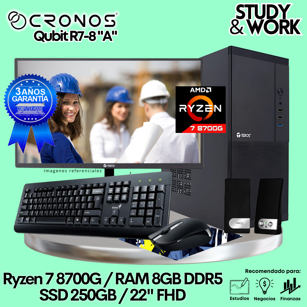 PC CRONOS Qubit R7-8 "A", 8GB DDR5 RAM, 250GB SSD, 22″ FHD Monitor, Keyboard + Mouse Kit, Speakers or Headphones.