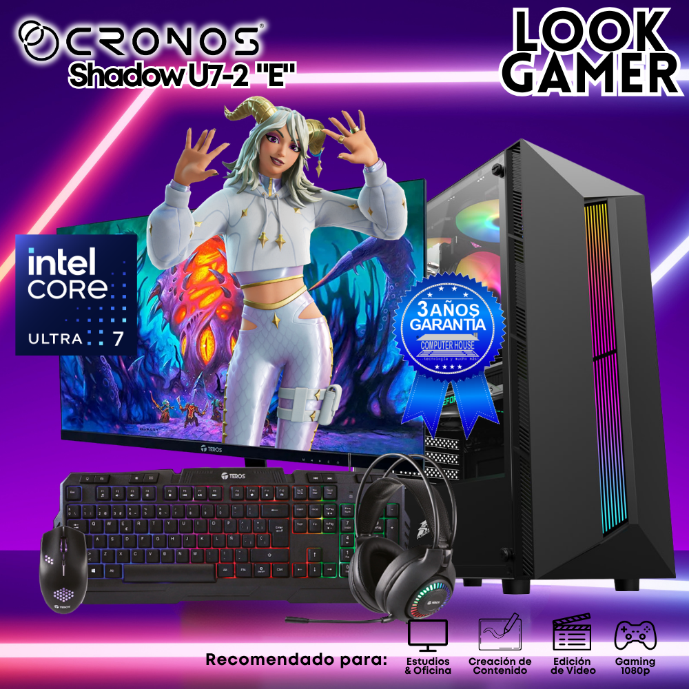 PC Look Gamer CRONOS Shadow U7-2 "E", RAM 8GB DDR5, SSD 500GB, Monitor 24″ FHD.