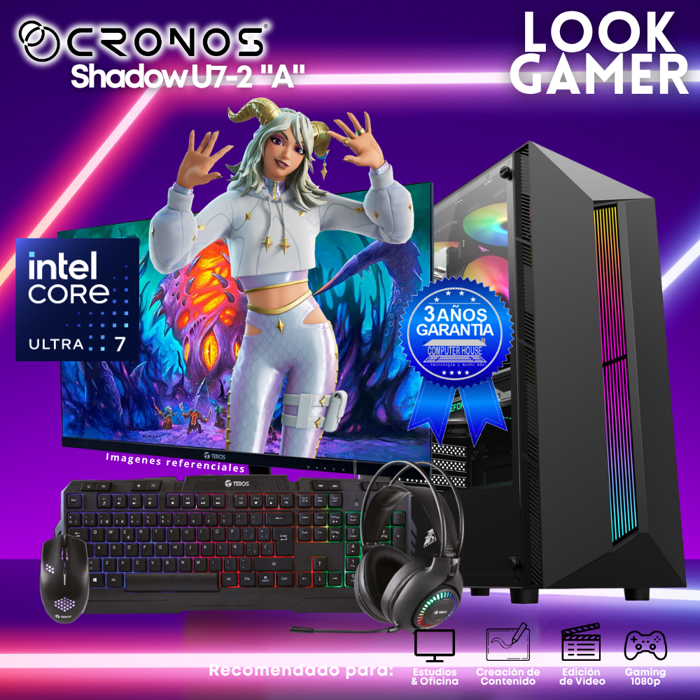 PC Look Gamer CRONOS Shadow U7-2 "A", RAM 8GB DDR5, SSD 500GB, Monitor 24″ FHD.
