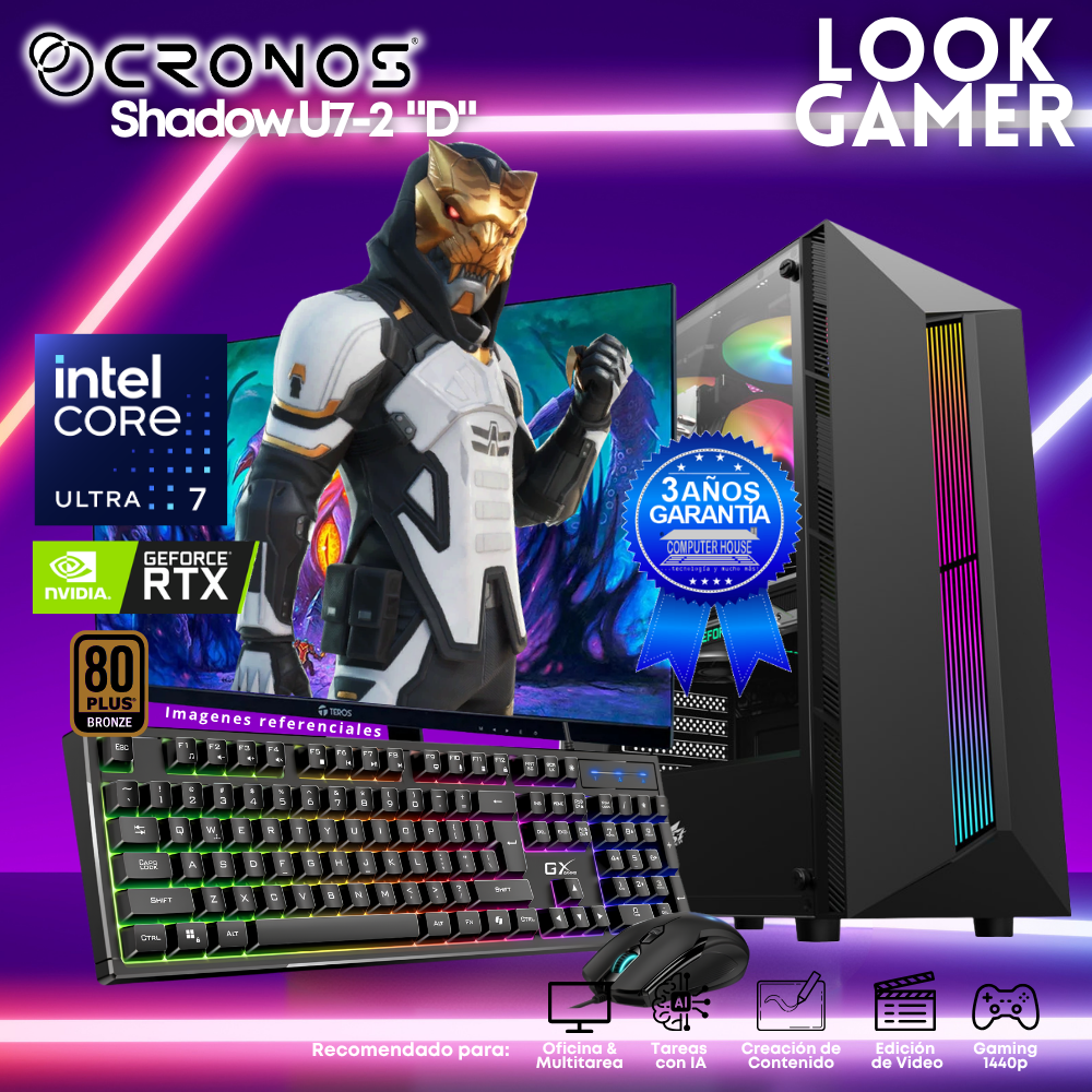 PC Look Gamer CRONOS Shadow U7-2 "D", RAM 16GB DDR5, SSD 500GB, Nvidia GeForce RTX3050 6GB, Monitor 27″ FHD.