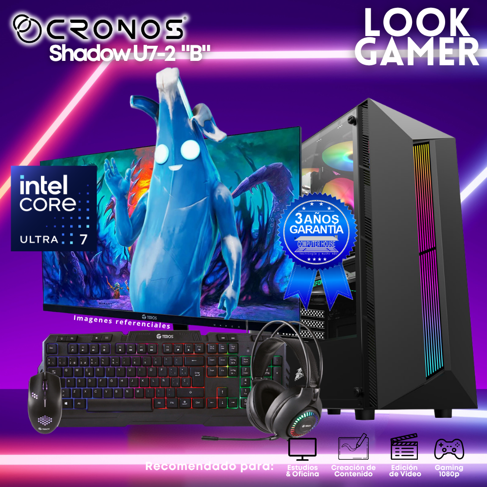 PC Look Gamer CRONOS Shadow U7-2 "B", RAM 16GB DDR5, SSD 500GB, Monitor 24″ FHD.