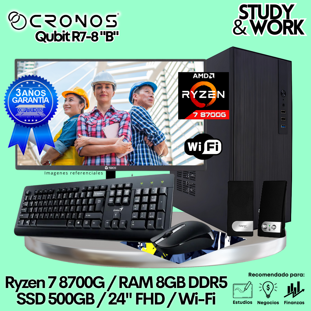 PC CRONOS Qubit R7-8 "B", 8GB DDR5 RAM, 500GB SSD, 24″ FHD Monitor, Wi-Fi, Keyboard + Mouse Kit, Speakers or Headphones.