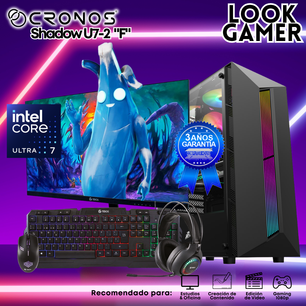 PC Look Gamer CRONOS Shadow U7-2 "F", RAM 16GB DDR5, SSD 500GB, Monitor 24″ FHD.