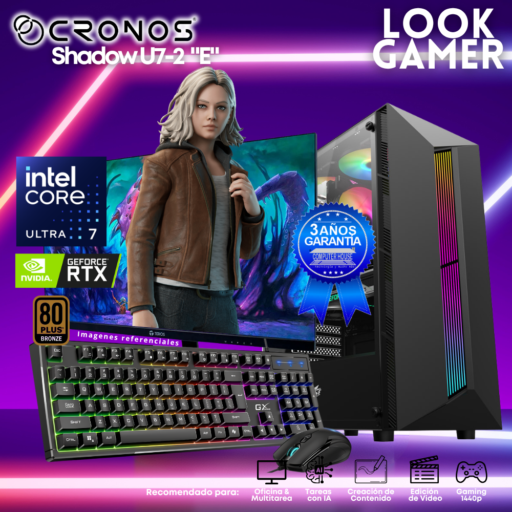 PC Look Gamer CRONOS Shadow U7-2 "E", RAM 16GB DDR5, SSD 1TB, Nvidia GeForce RTX5050 8GB, Monitor 27″ FHD.