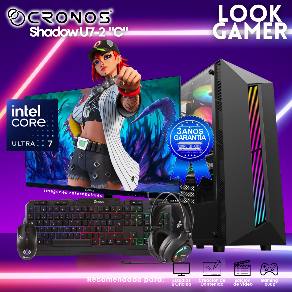 PC Look Gamer CRONOS Shadow U7-2 "C", RAM 16GB DDR5, SSD 1TB, Monitor 27″ FHD.