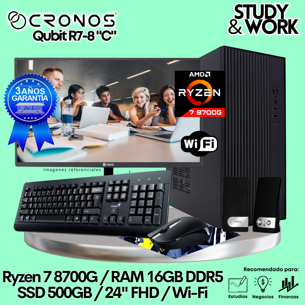 PC CRONOS Qubit R7-8 "C", 16GB DDR5 RAM, 500GB SSD, 24″ FHD Monitor, Wi-Fi, Keyboard + Mouse Kit, Speakers or Headphones.