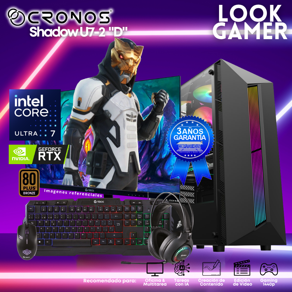 PC Look Gamer CRONOS Shadow U7-2 "D", RAM 16GB DDR5, SSD 500GB, Nvidia GeForce RTX3050 6GB, Monitor 27″ FHD.