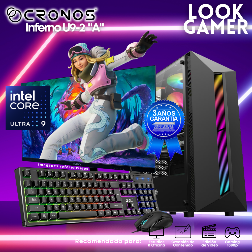 PC Look Gamer CRONOS Inferno U9-2 "A", RAM 8GB DDR5, SSD 500GB, Monitor 24″ FHD.