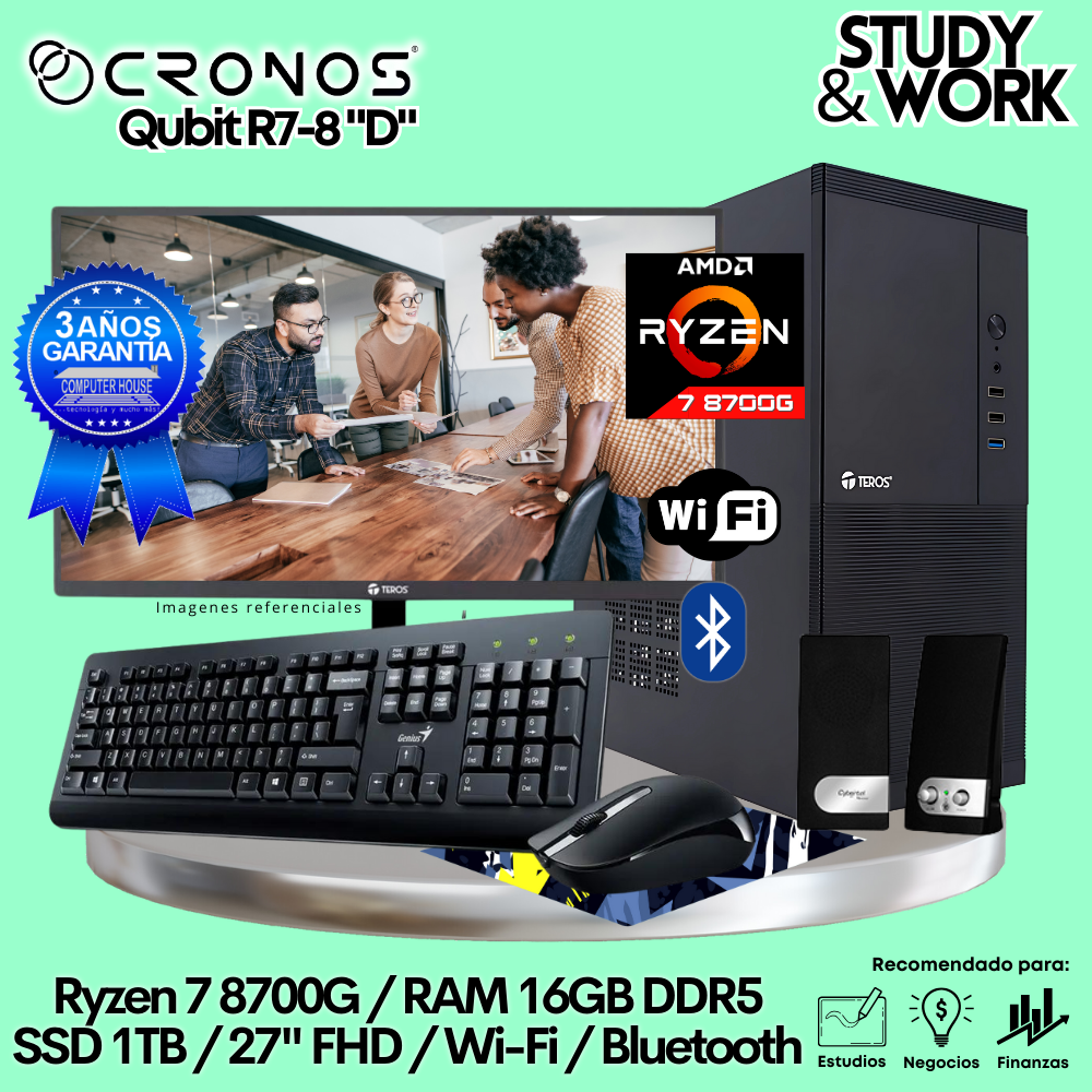 PC CRONOS Qubit R7-8 "D", 16GB DDR5 RAM, 1TB SSD, 27″ FHD Monitor, Wi-Fi &amp; Bluetooth, Keyboard + Mouse Kit, Speakers or Headphones.