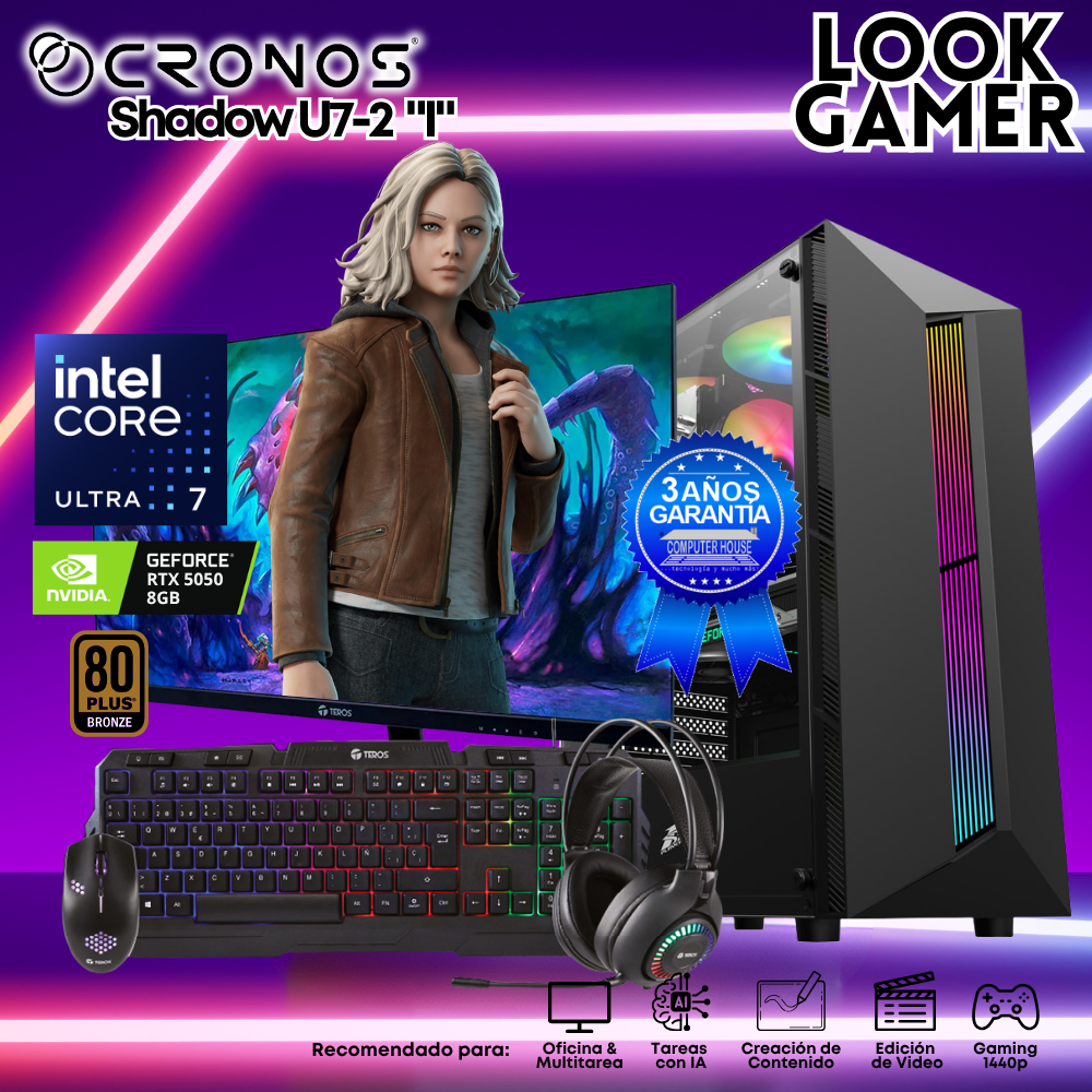 PC Look Gamer CRONOS Shadow U7-2 "I", RAM 16GB DDR5, SSD 1TB, RTX5050 8GB, Monitor 27″ FHD.