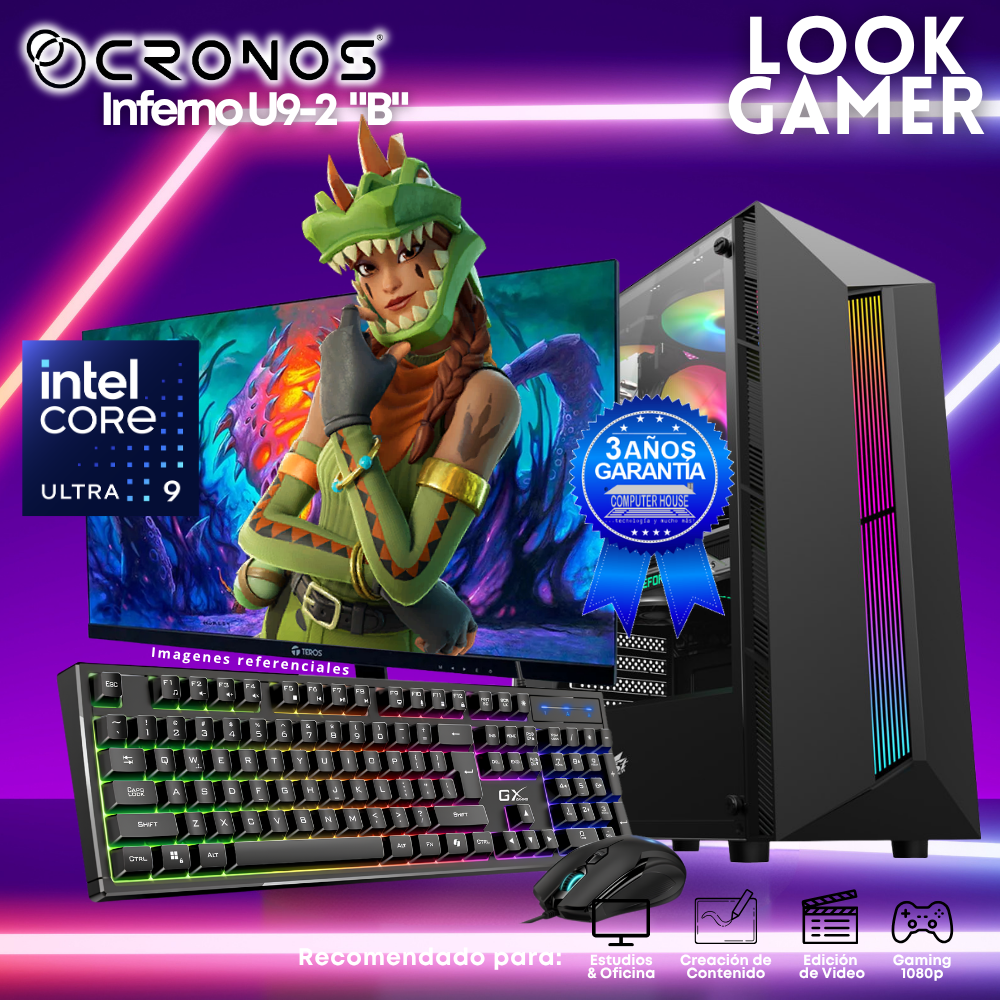 PC Look Gamer CRONOS Inferno U9-2 "B", RAM 16GB DDR5, SSD 500GB, Monitor 24″ FHD.