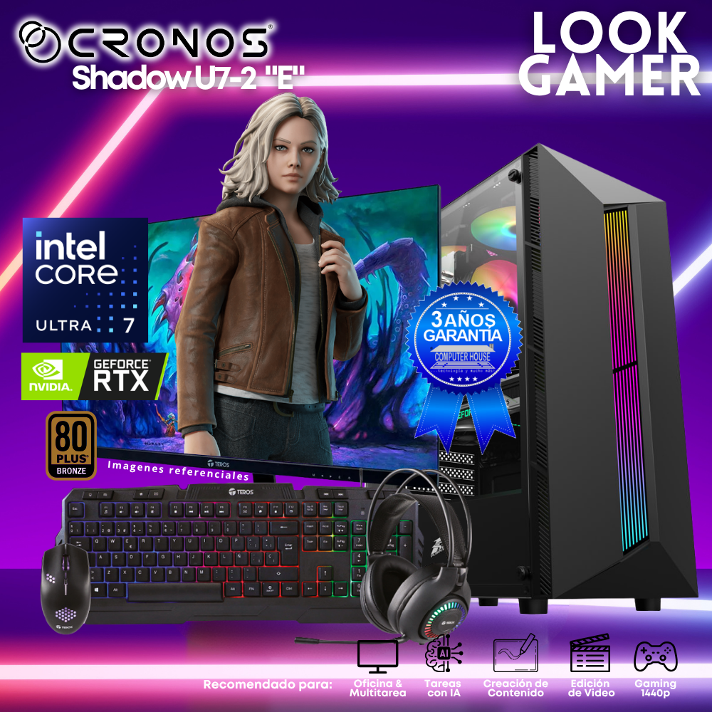 PC Look Gamer CRONOS Shadow U7-2 "E", RAM 16GB DDR5, SSD 1TB, Nvidia GeForce RTX5050 8GB, Monitor 27″ FHD.