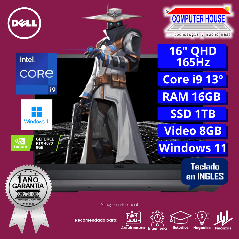 Laptop DELL G7630, Core i9-13900HX, RAM 16GB DDR5, SSD 1TB, Video RTX4070 8GB, 16