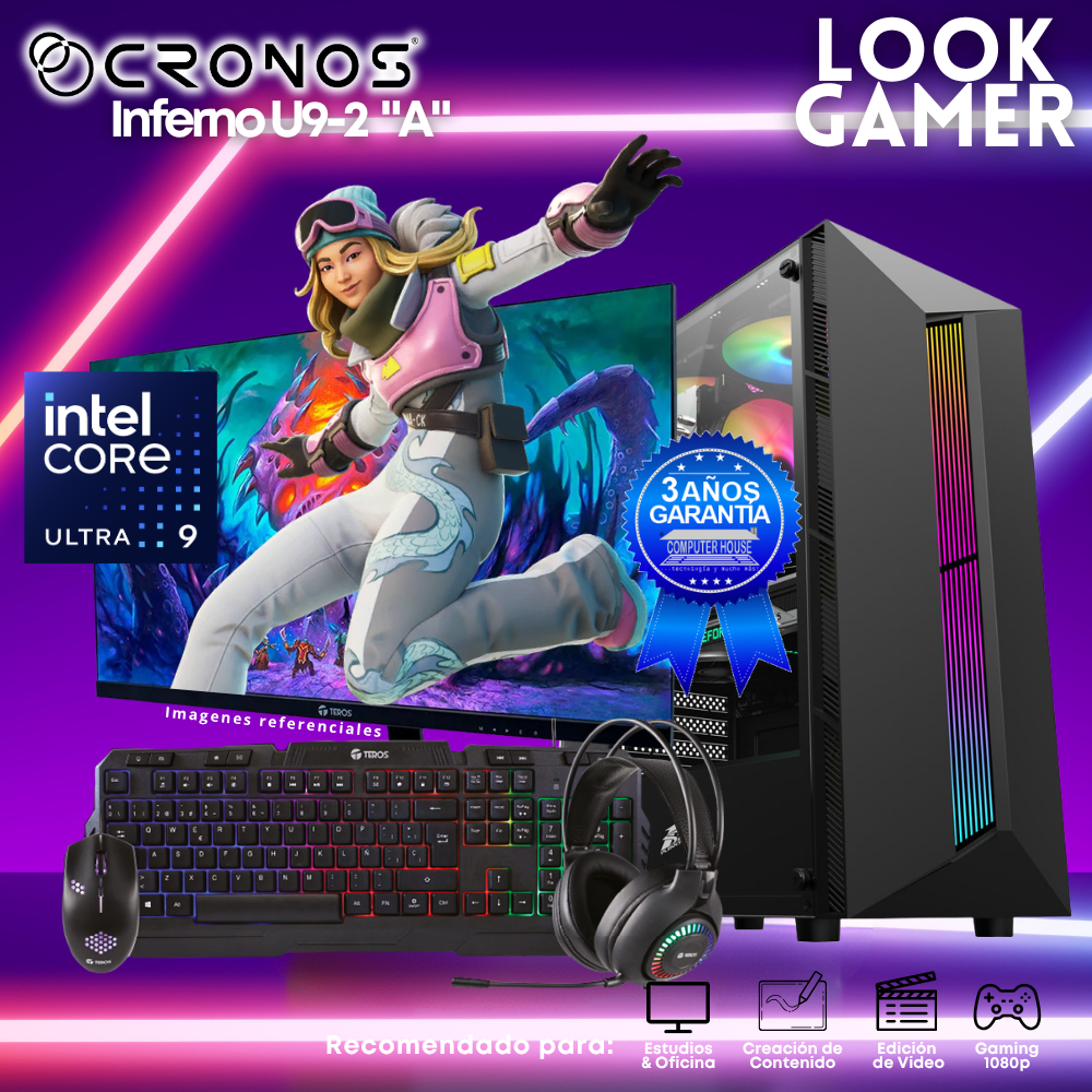 PC Look Gamer CRONOS Inferno U9-2 "A", RAM 8GB DDR5, SSD 500GB, Monitor 24″ FHD.