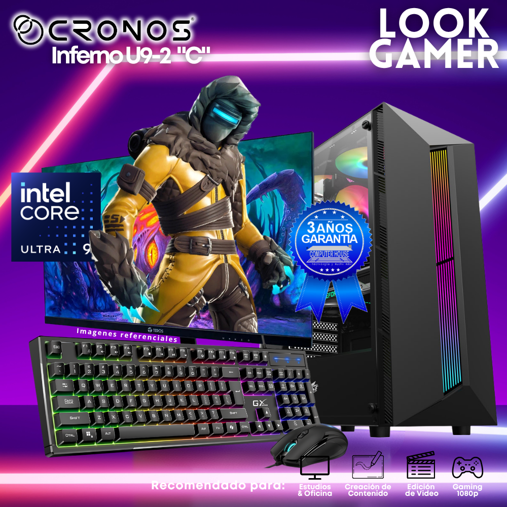 PC Look Gamer CRONOS Inferno U9-2 "C", RAM 16GB DDR5, SSD 1TB, Monitor 27″ FHD.